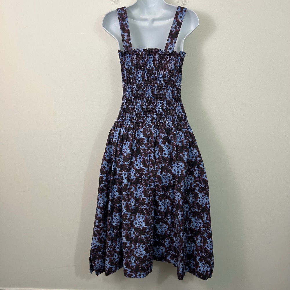 Proenza Schouler White Label Blue Burgundy Smocked Cotton Midi Dress Size 12 - Picture 3 of 11
